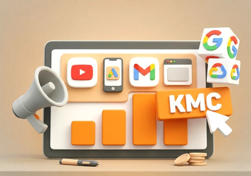 3D-иллюстрация интерфейса Google Ads в минималистичном стиле с иконками YouTube, Gmail и веб-браузера, графиками роста и надписью КМС.