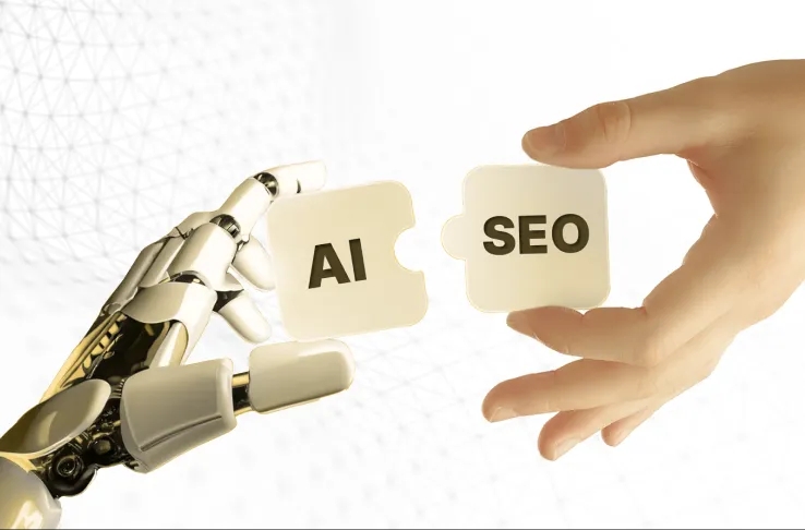 Искусственный интеллект и SEO — рука робота и рука человека соединяют части пазла с надписями AI и SEO